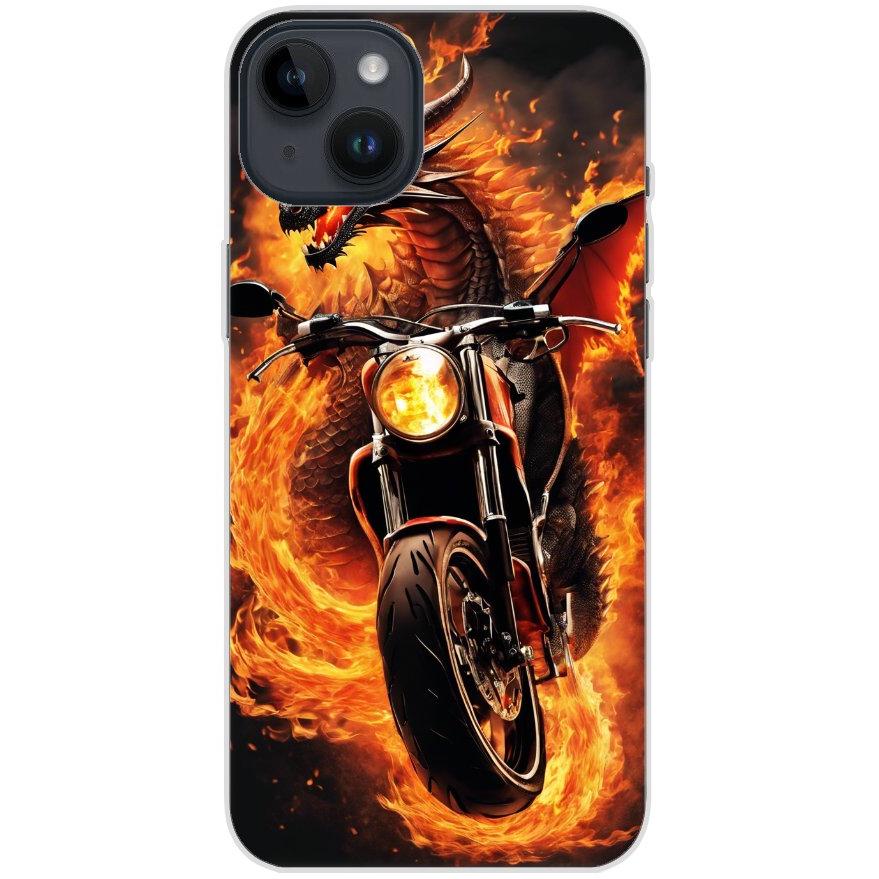 Handyhülle iPhone 14 Plus aus transparentem Silikon mit Motiv 33 Feuerdrache auf Motorrad - personalisierbar