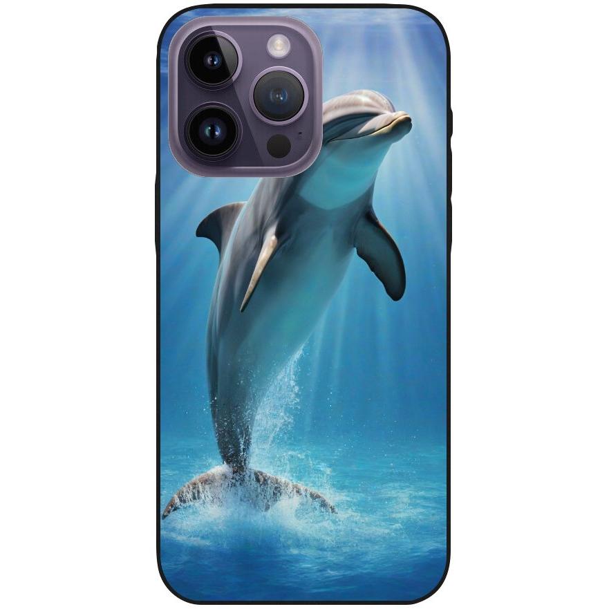 Hülle iPhone 14 Pro Max - Silikonhülle schwarz mit Motiv 39 einzelner Delfin - personalisierbar