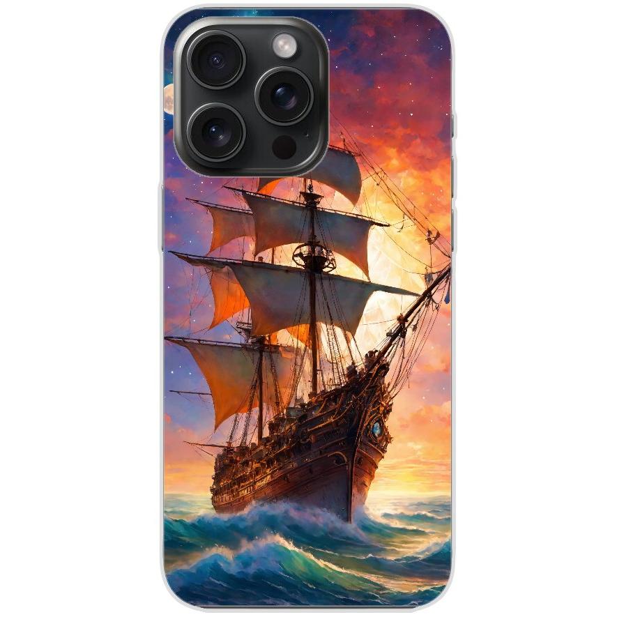 Handyhülle iPhone 15 Pro Max aus transparentem Silikon mit Motiv 43 Segelschiff - personalisierbar