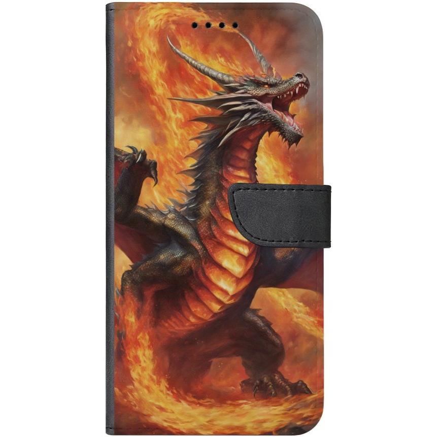 iPhone 15 Plus Handyhülle aus Kunstleder mit Lasche Motiv 12 Drache in Flammen - personalisierbar