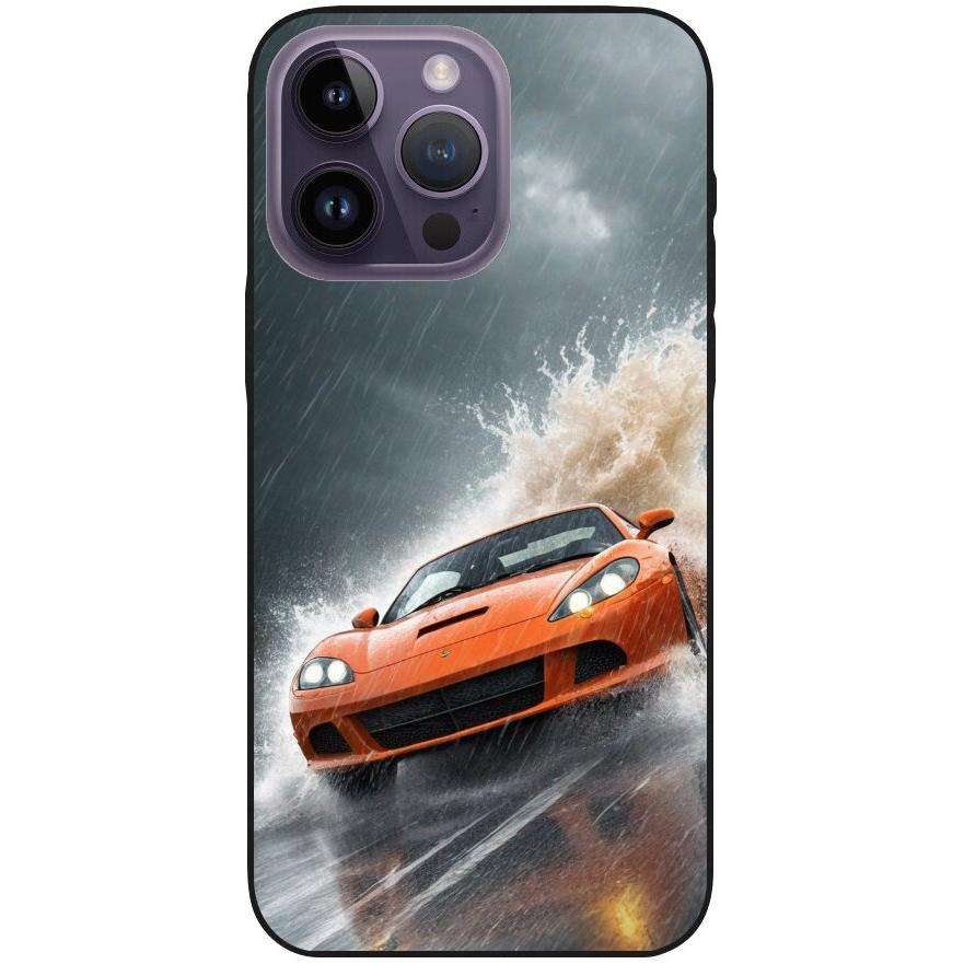 Hülle iPhone 14 Pro Max - Silikonhülle schwarz mit Motiv 4 oranger Sportwagen - personalisierbar