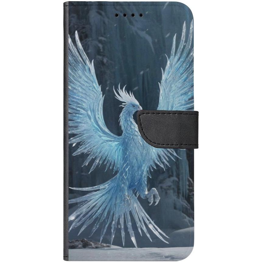 iPhone 15 Plus Handyhülle aus Kunstleder mit Lasche Motiv 8 weißer Phönix - personalisierbar