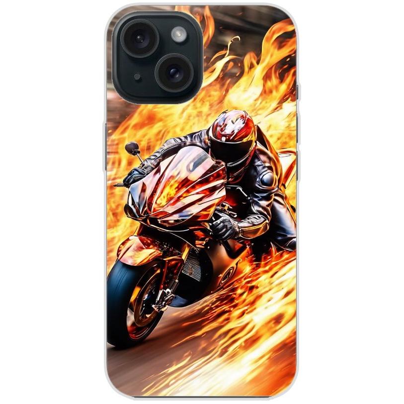 Handyhülle iPhone 15 aus transparentem Silikon mit Motiv 14 Motorradfahrer in Flammen - personalisierbar