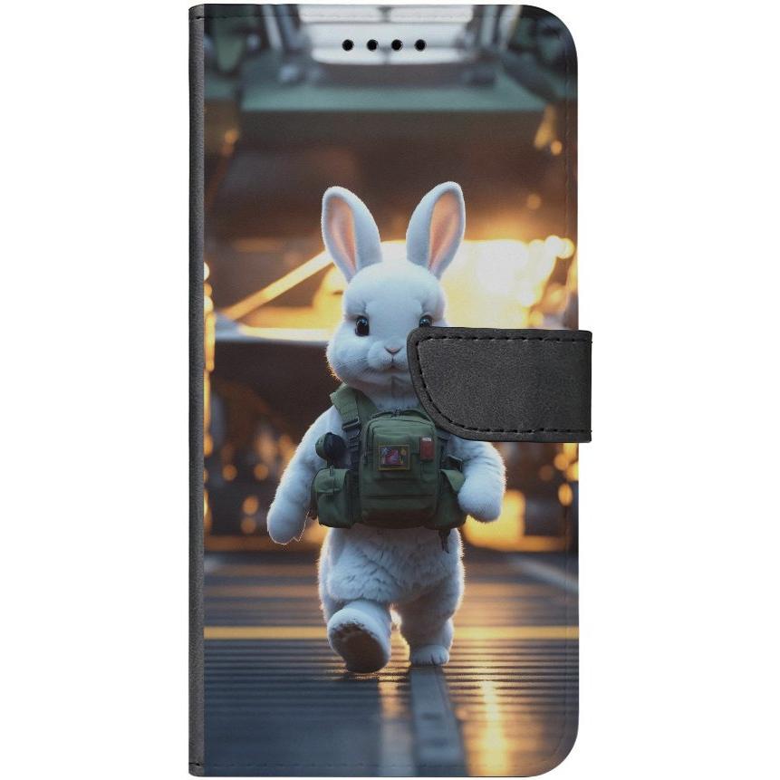 iPhone 14 Handyhülle aus Kunstleder mit Lasche 18 weißer animierter Hase - personalisierbar