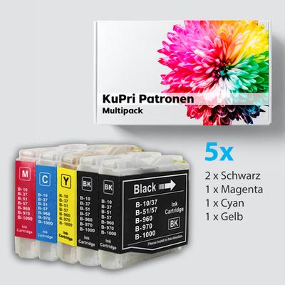 5er Set KuPri XXL Druckerpatronen für Brother DCP-130C 2x BK je 1x C,M,Y kompatibel zu LC-1000