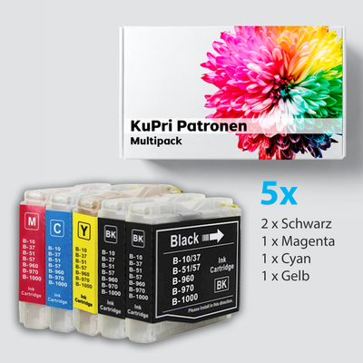 5er Set KuPri XXL Druckerpatronen für Brother DCP-560CN 2x BK je 1x C,M,Y kompatibel zu LC-1000
