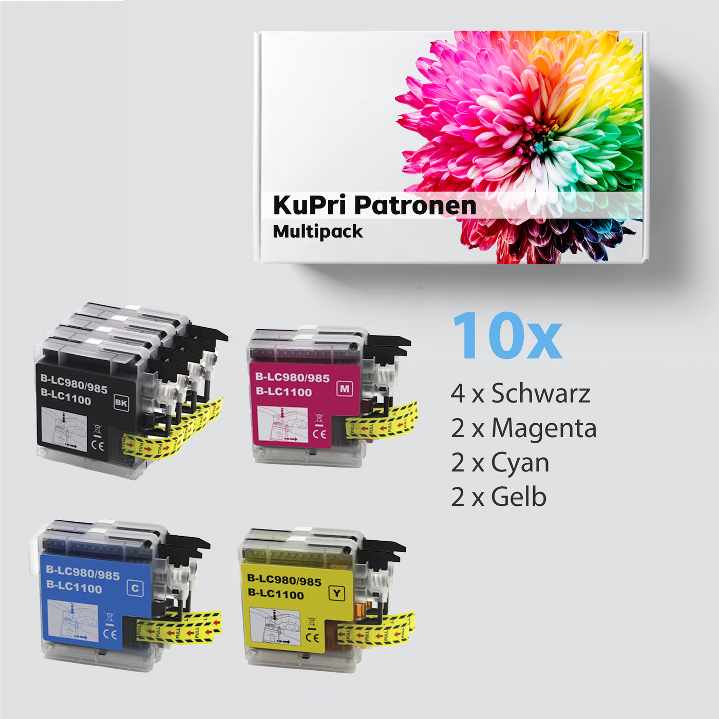 10er Set KuPri XXL Druckerpatronen für Brother DCP-585CW 4x BK je 2x C,M,Y kompatibel zu LC-1100