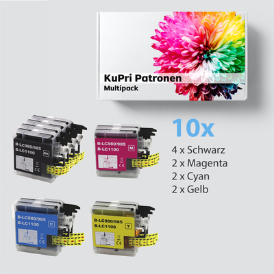 10er Set KuPri XXL Druckerpatronen für Brother DCP-383C 4x BK je 2x C,M,Y kompatibel zu LC-1100