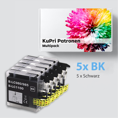 5 Stück KuPri XXL Druckerpatronen für Brother DCP-J515W kompatiblel zu LC-985BK Black Schwarz