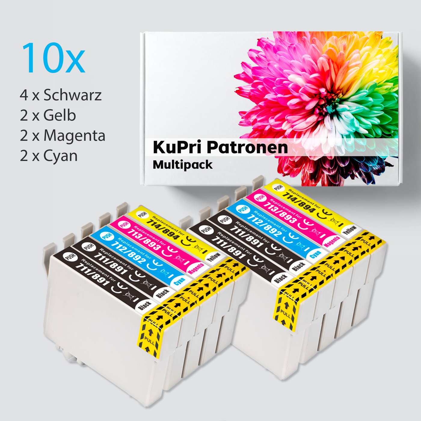 10er Set KuPri XXL Druckerpatronen für Epson Stylus Office BX510W 4x BK je 2x C,M,Y T0711 - T0714