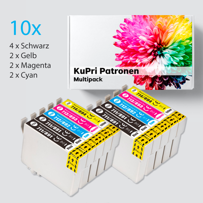 10er Set KuPri XXL Druckerpatronen für Epson Stylus DX7450 4x BK je 2x C,M,Y T0711 - T0714