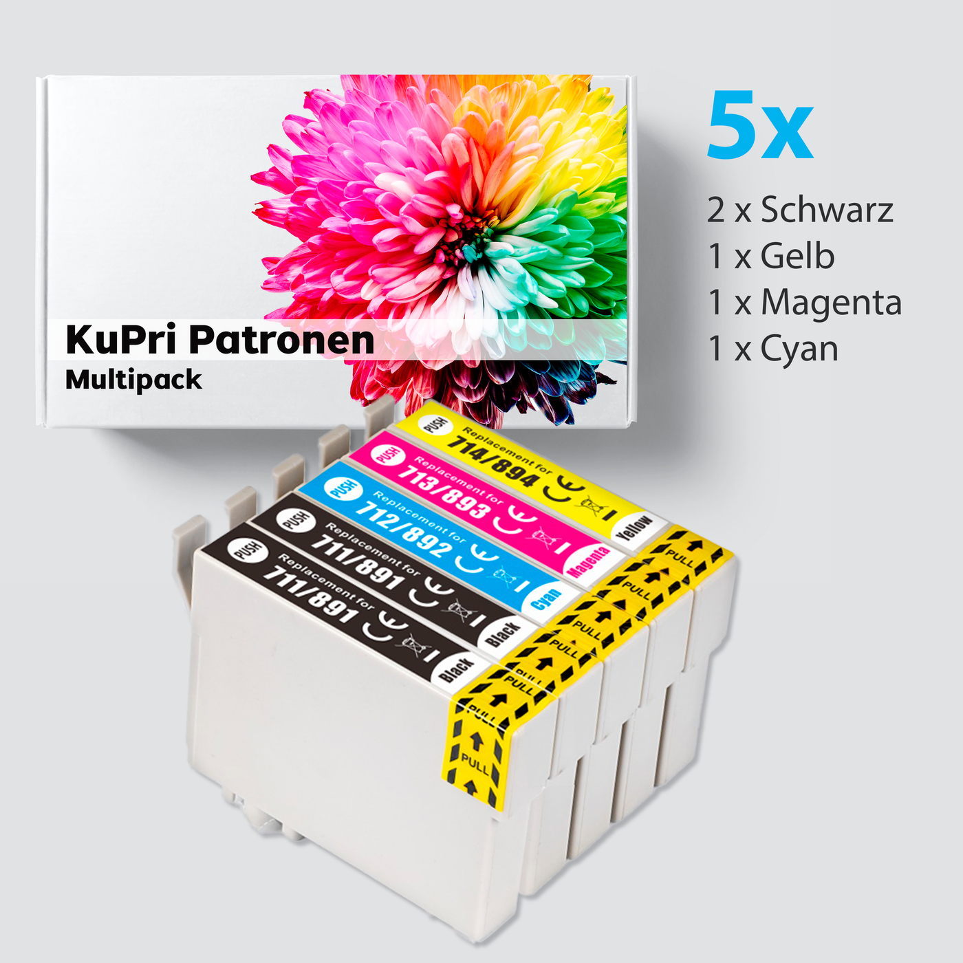 5er Set KuPri XXL Druckerpatronen für Epson Stylus SX215 2x BK je 1x C,M,Y T0711 - T0714