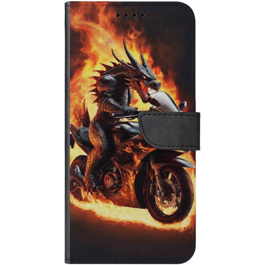 iPhone 15 Pro Max Handyhülle aus Kunstleder mit Lasche Motiv 24 Drache auf Motorrad - personalisierbar