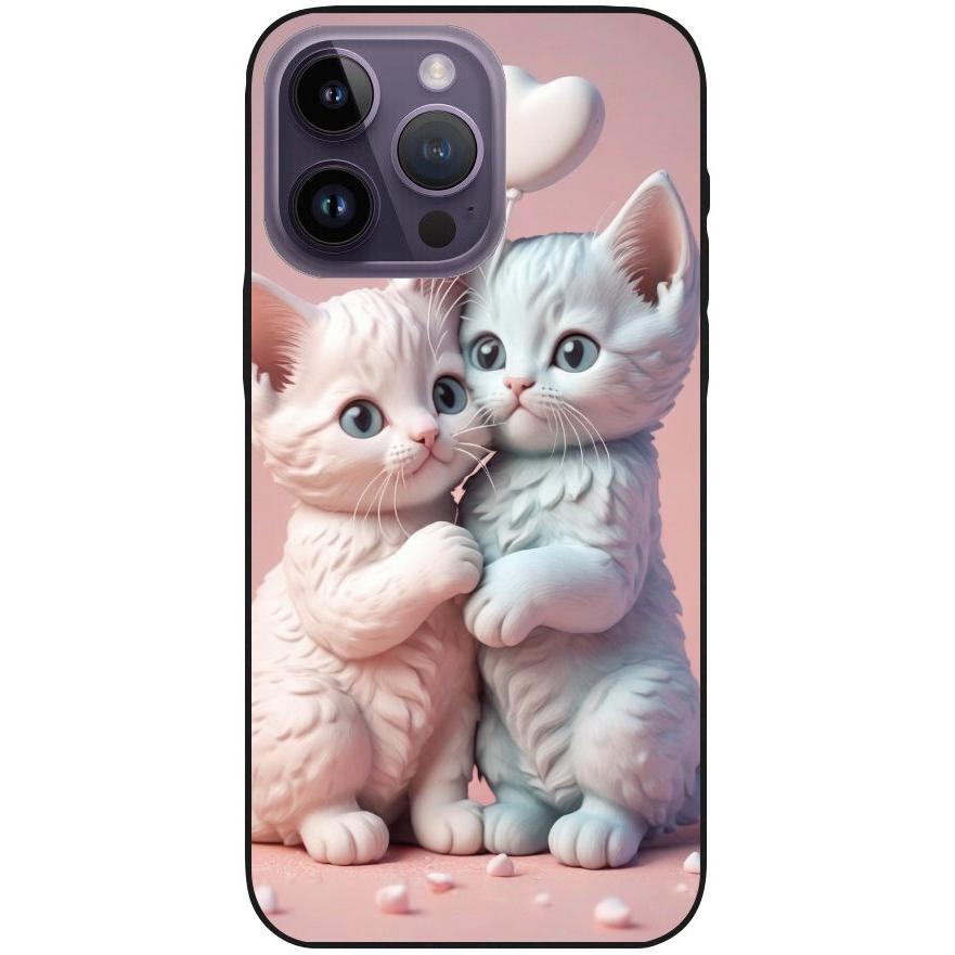 Hülle iPhone 14 Pro Max - Silikonhülle schwarz mit Motiv 1 zwei Kätzchen mit Herzen rosa - personalisierbar