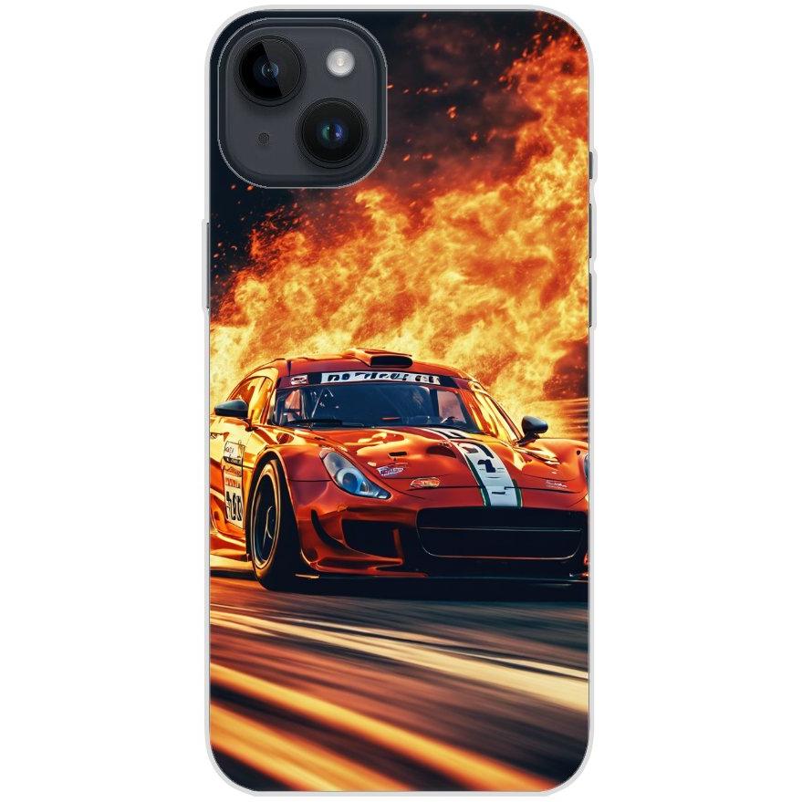 Handyhülle iPhone 14 Plus aus transparentem Silikon mit Motiv 28 roter Sportwagen in Flammen - personalisierbar