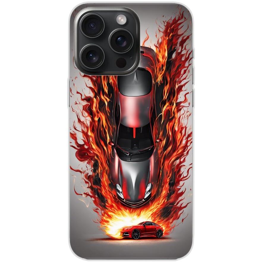 Handyhülle iPhone 15 Pro Max aus transparentem Silikon mit Motiv 27 Auto animiert in Flammen - personalisierbar