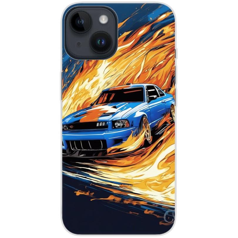 Handyhülle iPhone 14 aus transparentem Silikon mit Motiv 15 blaues Auto in Flammen - personalisierbar
