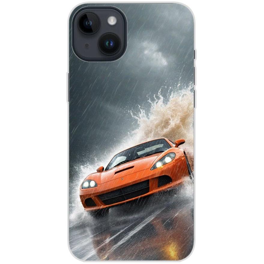 Handyhülle iPhone 14 Plus aus transparentem Silikon mit Motiv 4 oranger Sportwagen - personalisierbar