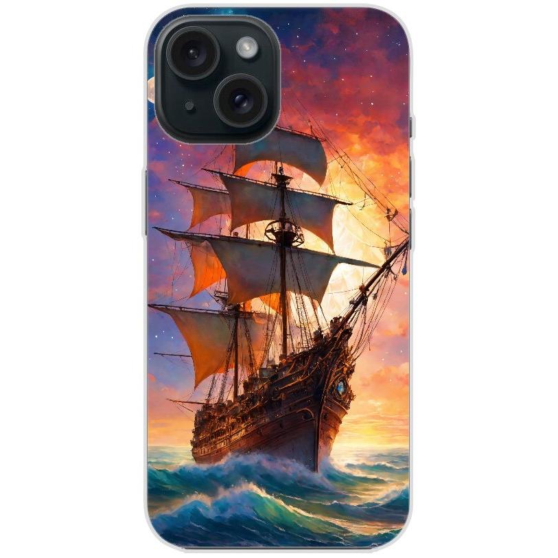 Handyhülle iPhone 15 aus transparentem Silikon mit Motiv 43 Segelschiff - personalisierbar