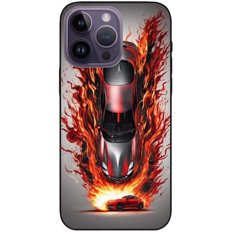 Hülle iPhone 14 Pro Max - Silikonhülle schwarz mit Motiv 27 Auto animiert in Flammen - personalisierbar