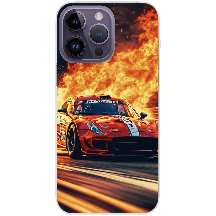 Handyhülle iPhone 14 Pro Max aus transparentem Silikon 28 roter Sportwagen in Flammen - personalisierbar