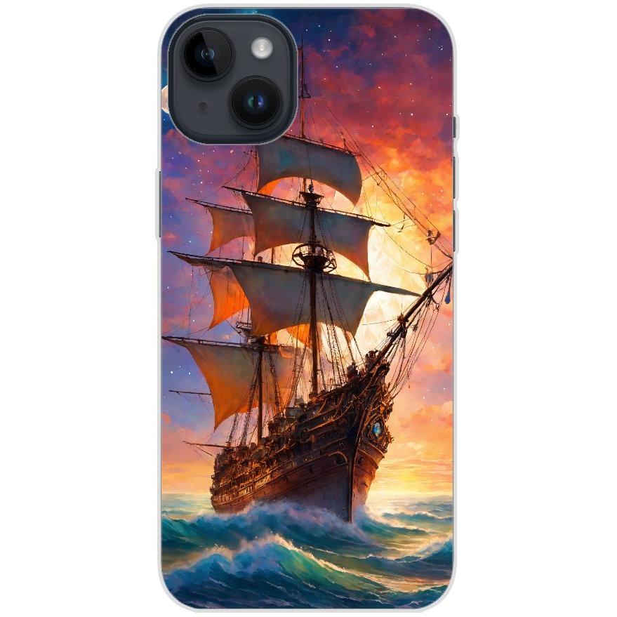 Handyhülle iPhone 14 Plus aus transparentem Silikon mit Motiv 43 Segelschiff - personalisierbar