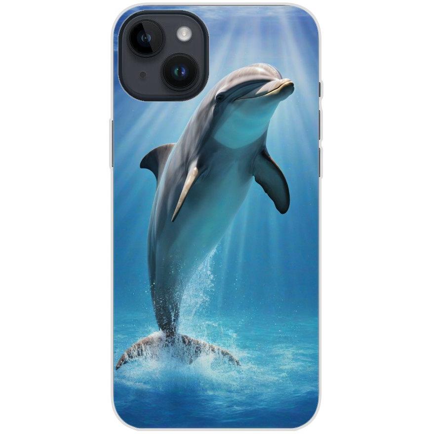 Handyhülle iPhone 14 Plus aus transparentem Silikon mit Motiv 39 einzelner Delfin - personalisierbar