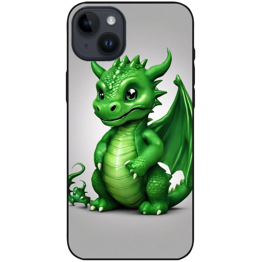 Hülle iPhone 14 Plus - Silikonhülle schwarz mit Motiv 3 grüner Baby Drache - personalisierbar
