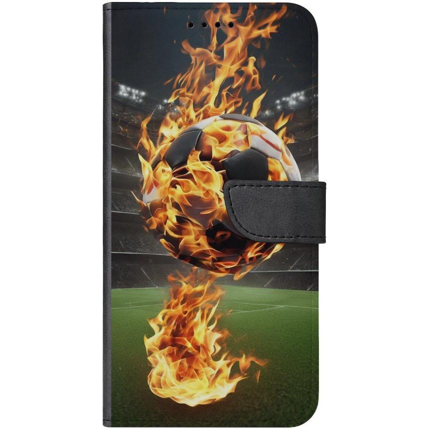 iPhone 13 Handyhülle aus Kunstleder mit Lasche Motiv 38 Fußball in Flammen - personalisierbar