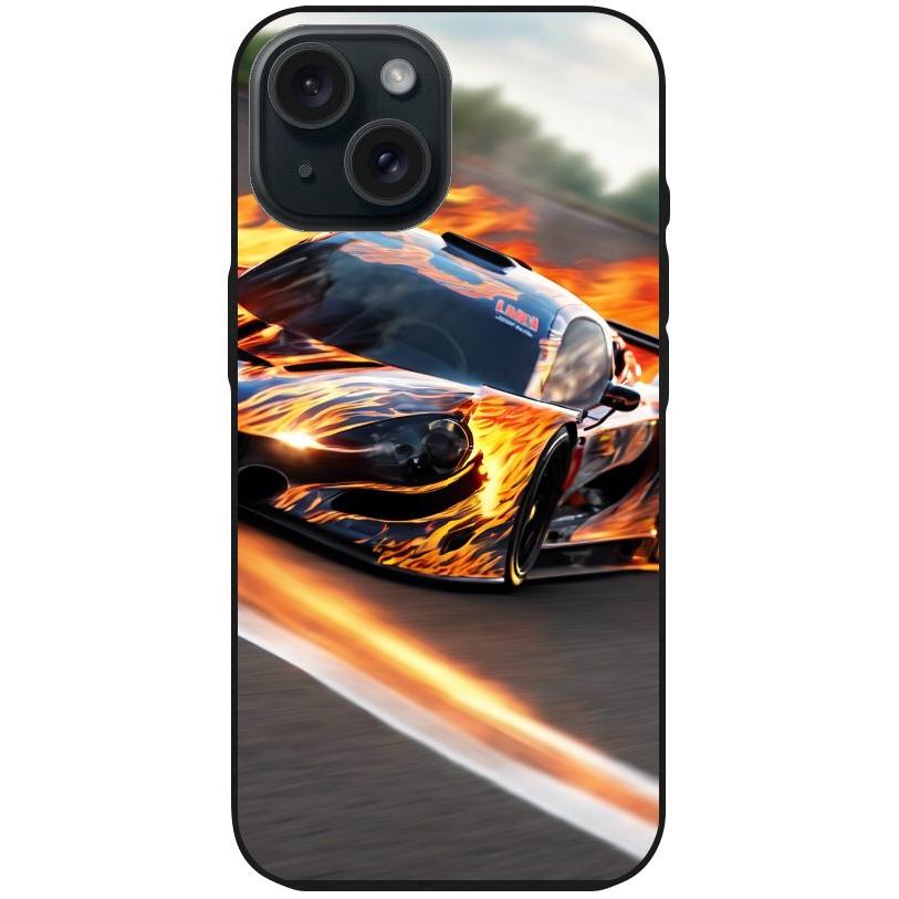 Handyhülle iPhone 15 - Silikonhülle schwarz mit Motiv 13 Sportwagen in Flammen - personalisierbar
