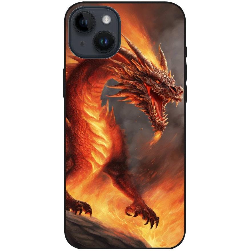 Hülle iPhone 14 Plus - Silikonhülle schwarz mit Motiv 5 Drache in Flammen - personalisierbar