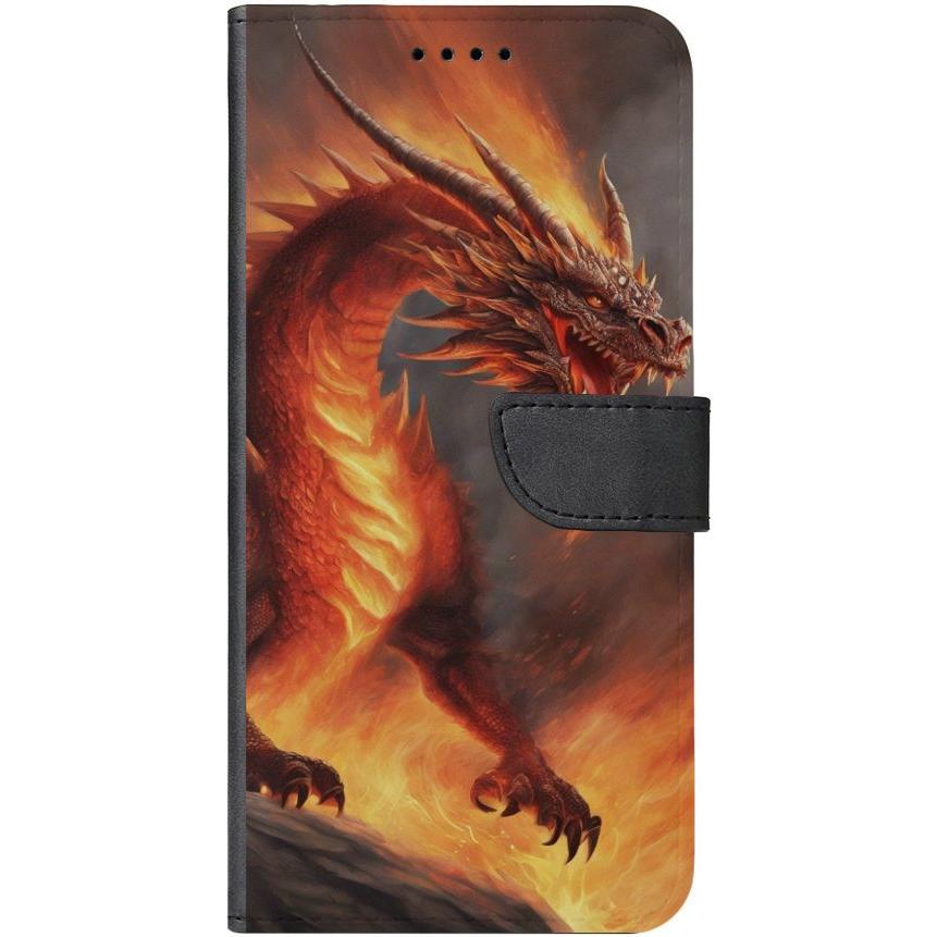 iPhone 14 Plus Handyhülle aus Kunstleder mit Lasche Motiv 5 Drache in Flammen - personalisierbar