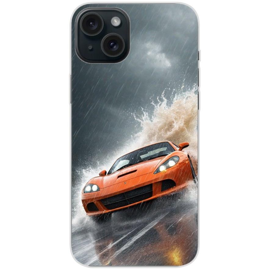 Handyhülle iPhone 15 Plus aus transparentem Silikon mit Motiv 4 oranger Sportwagen - personalisierbar