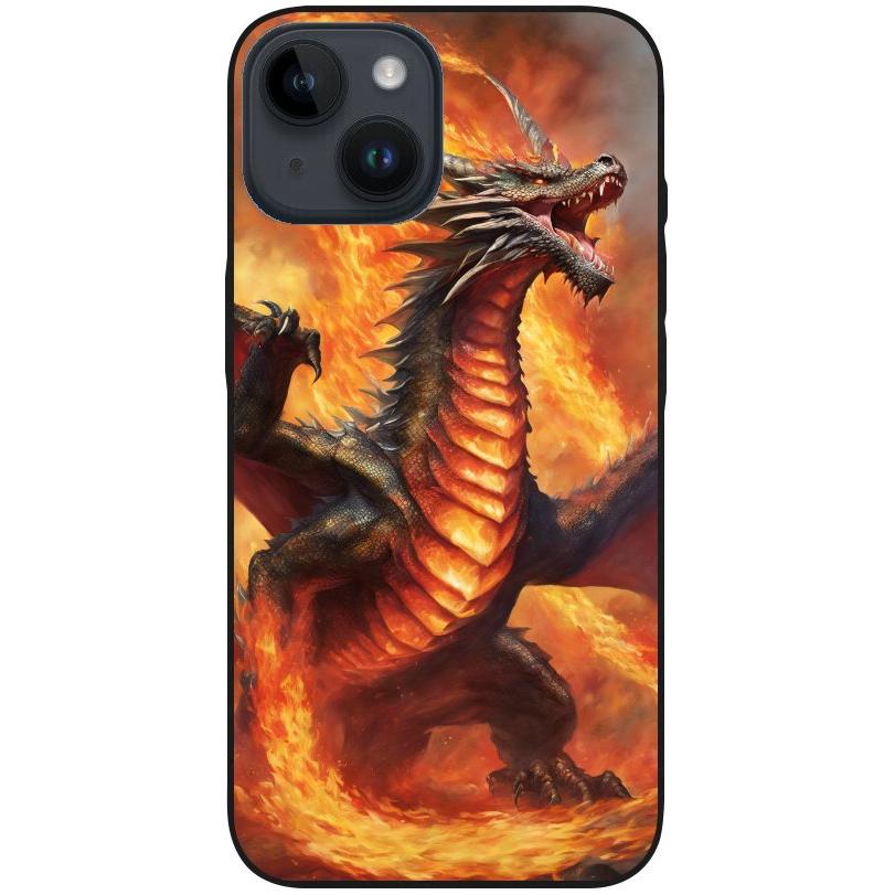 Hülle iPhone 14 - Silikonhülle schwarz mit Motiv 12 Drache in Flammen - personalisierbar