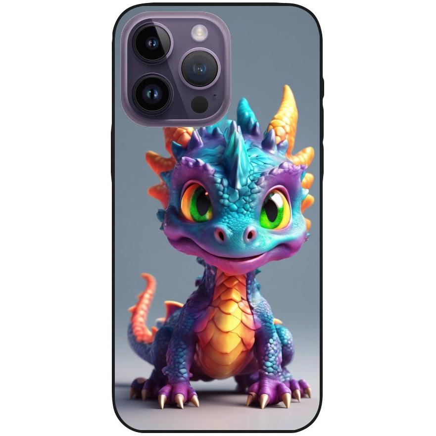 Hülle iPhone 14 Pro Max - Silikonhülle schwarz mit Motiv 21 bunter Baby Drache - personalisierbar