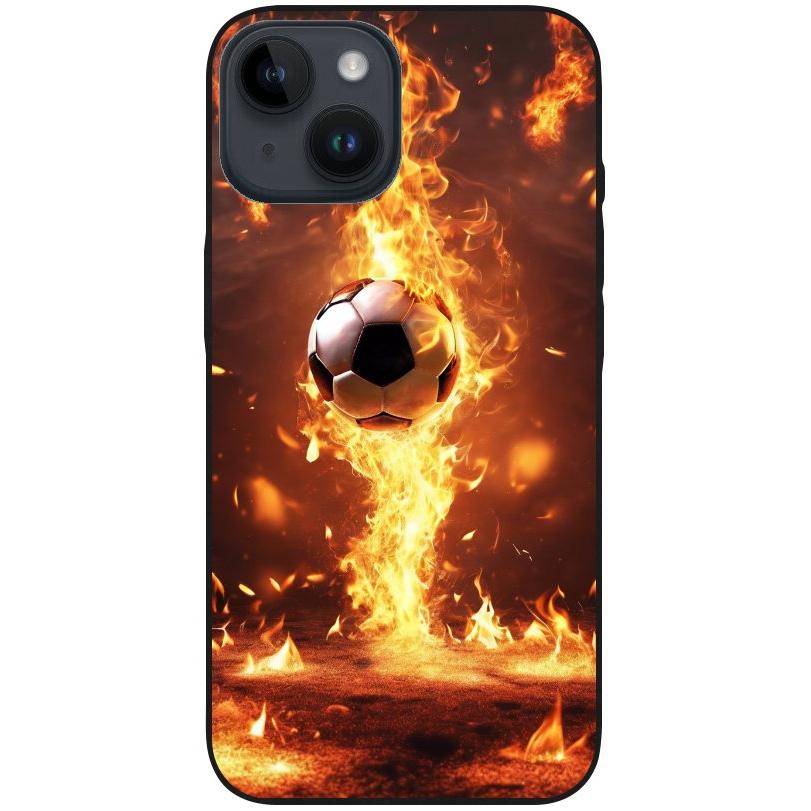 Hülle iPhone 14 - Silikonhülle schwarz mit Motiv 37 Fußball in Feuer - personalisierbar