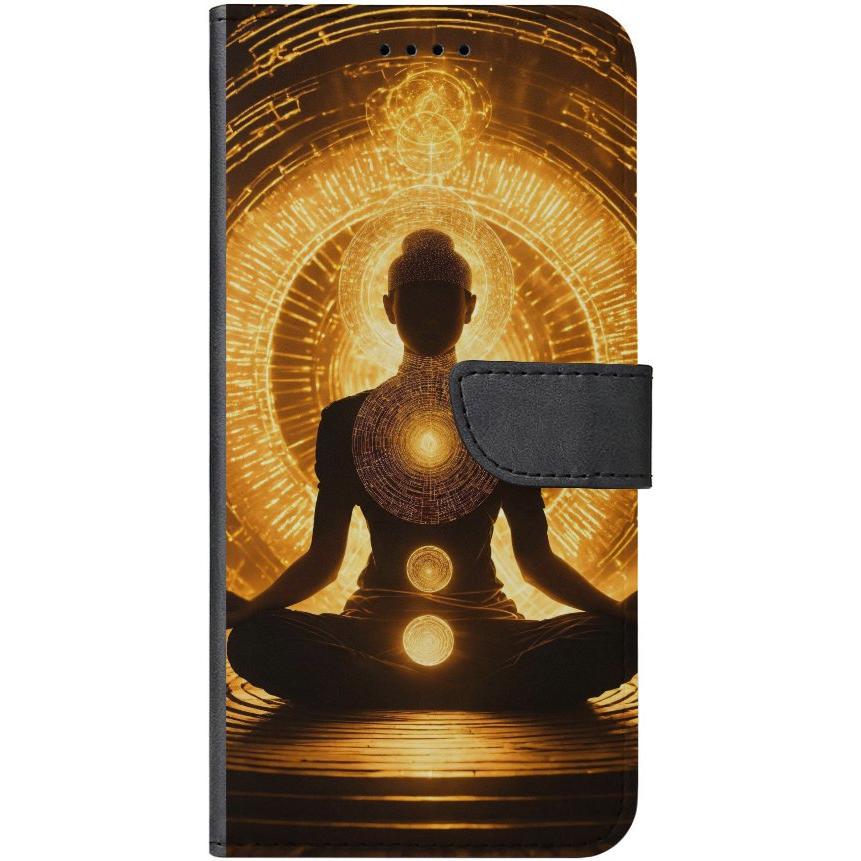 iPhone 14 Plus Handyhülle aus Kunstleder mit Lasche Motiv 32 Meditation - personalisierbar