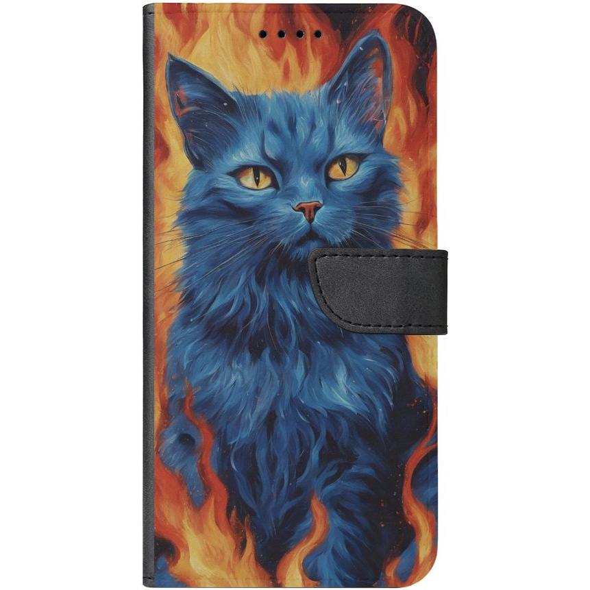 iPhone 15 Handyhülle aus Kunstleder mit Lasche Motiv 7 blaue Katze in Flammen - personalisierbar