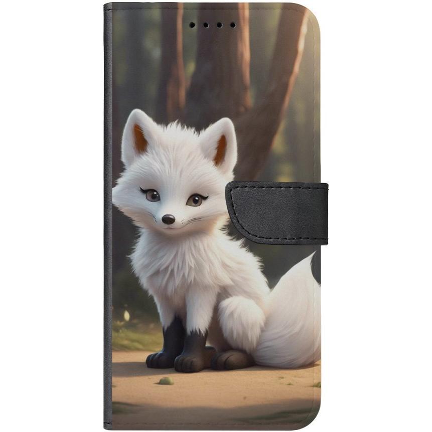 iPhone 13 Handyhülle aus Kunstleder mit Lasche Motiv 16 weißer Fuchs animiert - personalisierbar