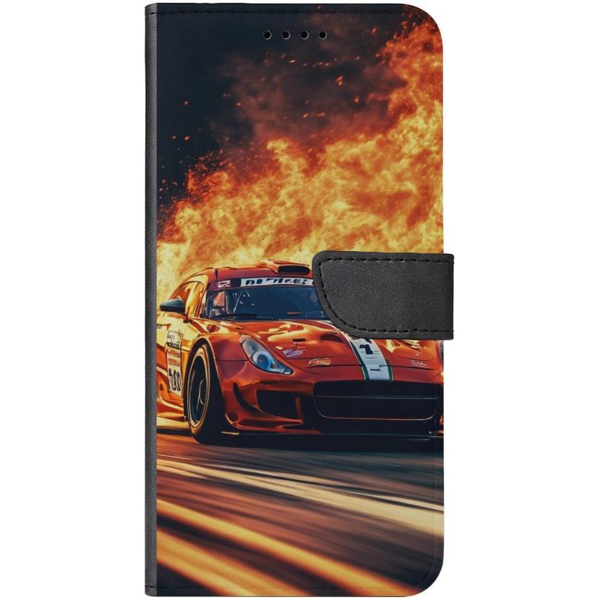 iPhone 15 Plus Handyhülle aus Kunstleder mit Lasche Motiv 28 roter Sportwagen in Flammen - personalisierbar