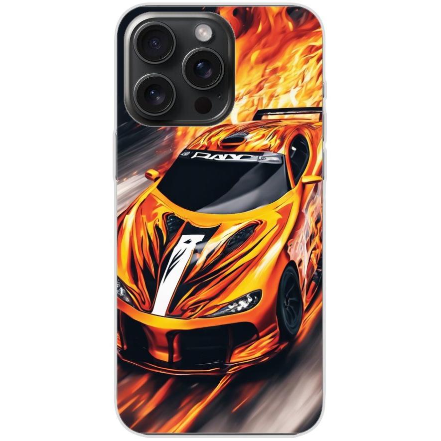 Handyhülle iPhone 15 Pro Max aus transparentem Silikon mit Motiv 47 Sportwagen in Flammen - personalisierbar