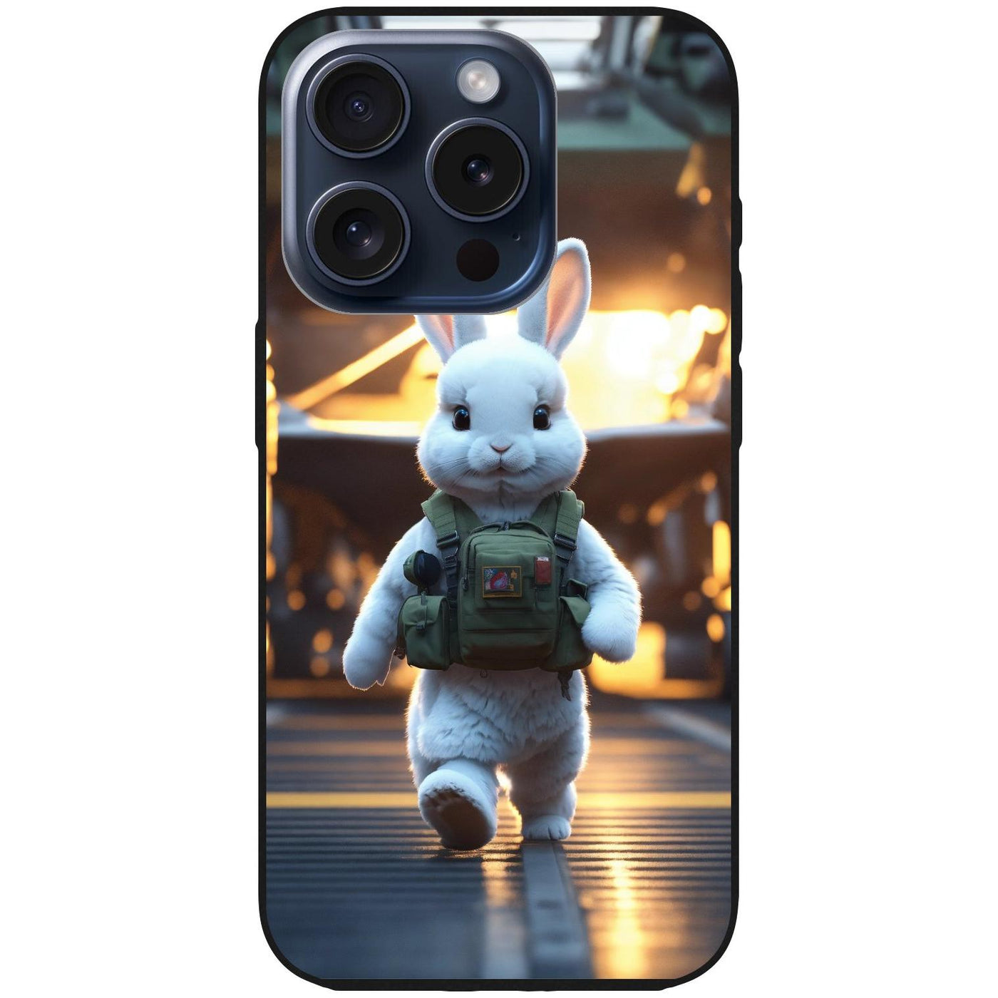 Handyhülle iPhone 15 Pro - Silikonhülle schwarz mit Motiv 18 weißer animierter Hase - personalisierbar
