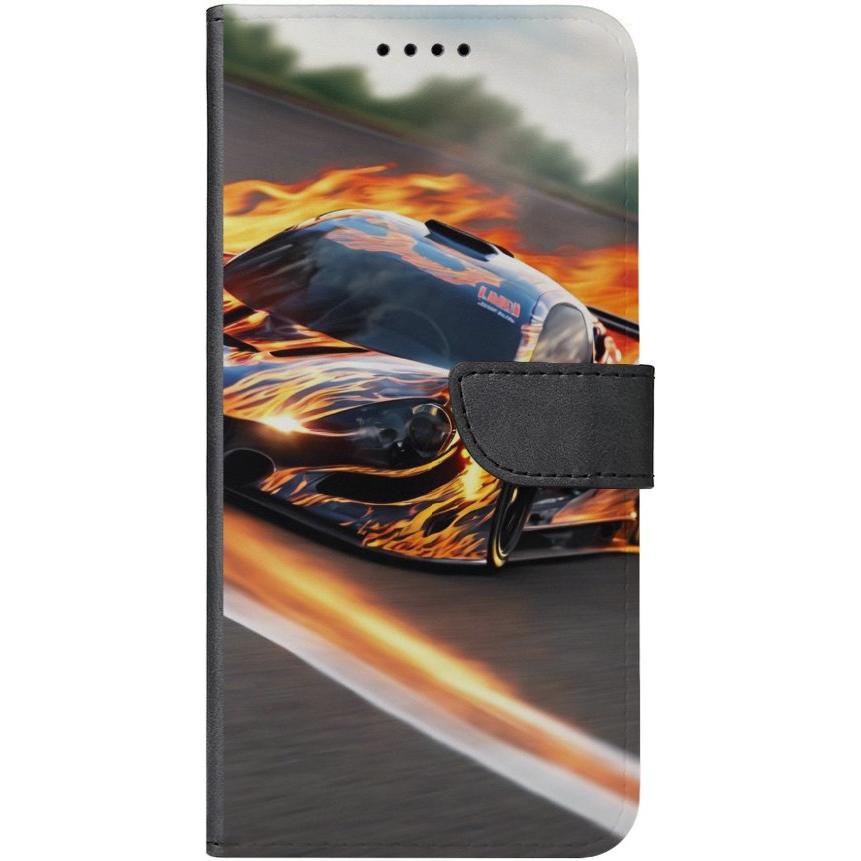 iPhone 13 Handyhülle aus Kunstleder mit Lasche Motiv 13 Sportwagen in Flammen - personalisierbar