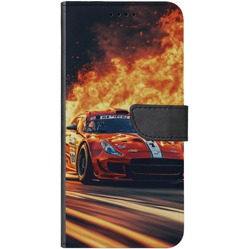 iPhone 15 Pro Max Handyhülle aus Kunstleder mit Lasche Motiv 28 roter Sportwagen in Flammen - personalisierbar