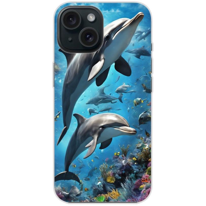 Handyhülle iPhone 15 aus transparentem Silikon mit Motiv 40 Delfine - personalisierbar