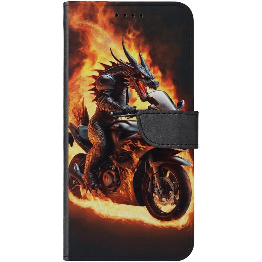 iPhone 15 Plus Handyhülle aus Kunstleder mit Lasche Motiv 24 Drache auf Motorrad - personalisierbar
