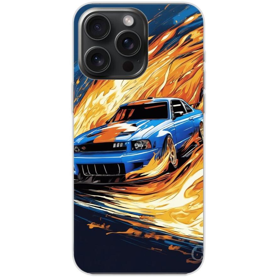 Handyhülle iPhone 15 Pro Max aus transparentem Silikon mit Motiv 15 blaues Auto in Flammen - personalisierbar