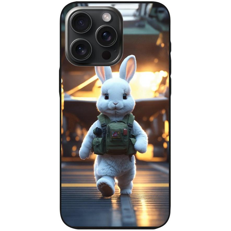 Handyhülle iPhone 15 Pro Max- Silikonhülle schwarz mit Motiv 18 weißer animierter Hase - personalisierbar
