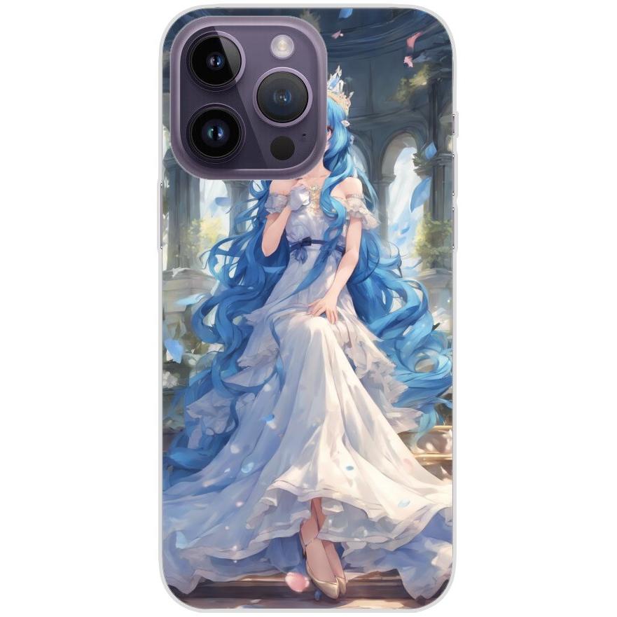 Handyhülle iPhone 14 Pro Max aus transparentem Silikon 34 Anime blaue lange Haare - personalisierbar