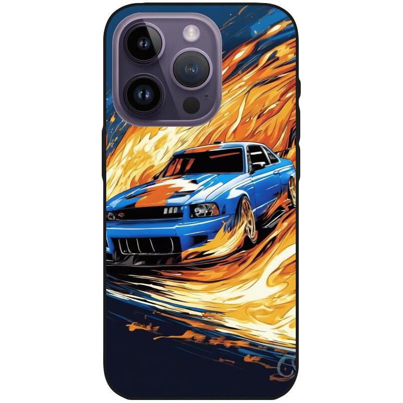 Hülle iPhone 14 Pro - Silikonhülle schwarz mit Motiv 15 blaues Auto in Flammen - personalisierbar